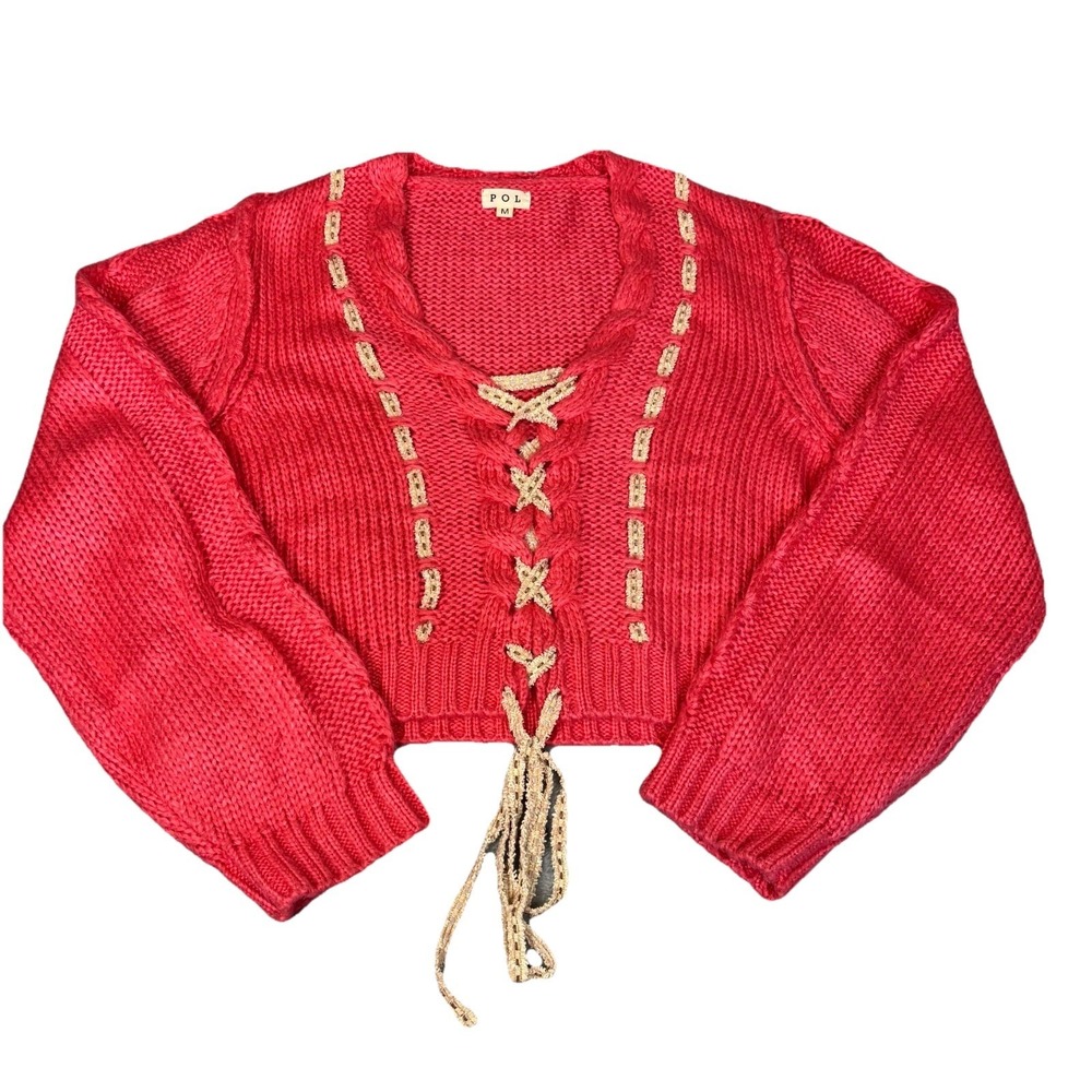 POL Pink V Neck Cable Knit Pullover Cropped Sweater Lace Up Size Medium Boho - Picture 6 of 9